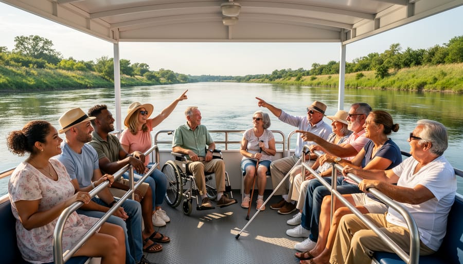 Passengers riding a Fraser River tour boat while looking out at the water and shoreline