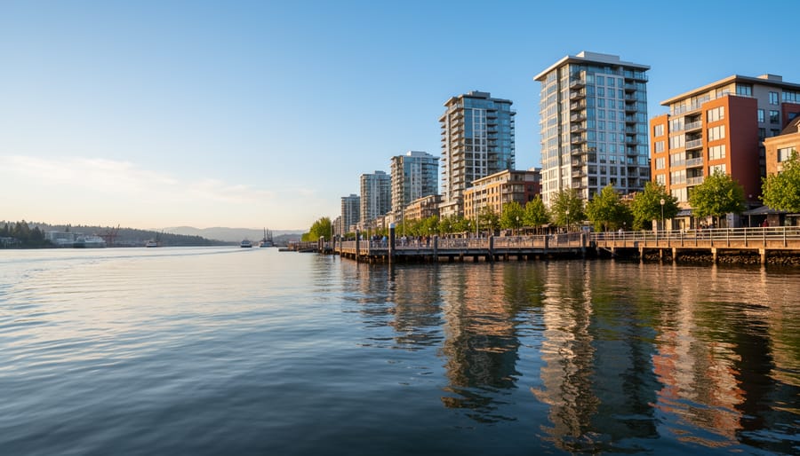 Tour boat on the Fraser River near New Westminster with reflections on the water and the shoreline in the background