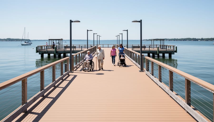 Accessible waterfront boardwalk and fishing pier with smooth surface and railings overlooking calm water