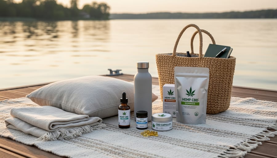 Hemp CBD tincture and outdoor essentials arranged on a waterfront picnic bench beside a person’s relaxed hands