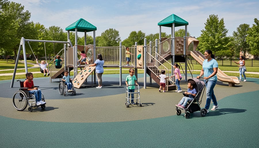 Inclusive accessible playground with level rubber surfacing and wheelchair-accessible play equipment