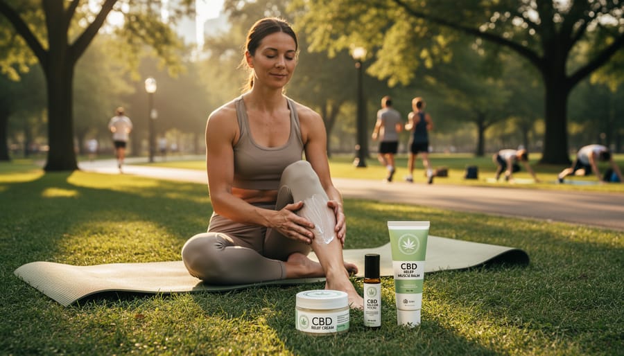 Person doing gentle stretching on a yoga mat in a green park with a CBD topical bottle placed beside the mat