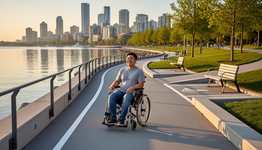 Wheelchair user rolling along a smooth paved path in a New Westminster park near the waterfront