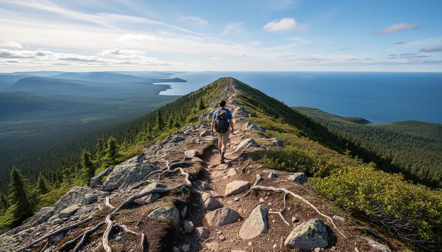 Hiker on Greenstone Ridge Trail looking out over Lake Superior from a rocky ridgeline