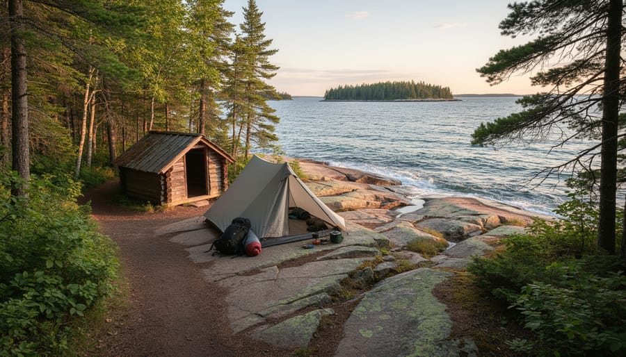Tent and three-sided shelter at an Isle Royale backcountry campground near a dock
