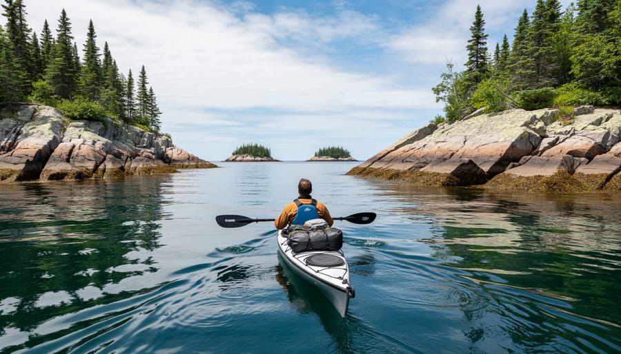 Sea kayak on Isle Royale waters near the shoreline with an island and trees in the distance