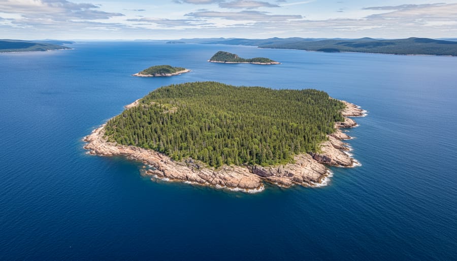Wide panoramic view of Isle Royale’s rugged shoreline and forest with a distant ferry on Lake Superior