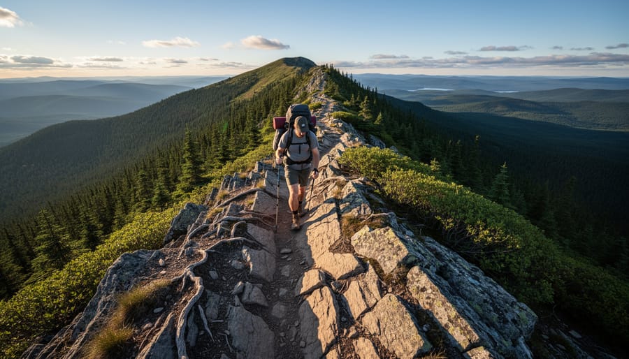 Backpacker on Minong Ridge Trail navigating rocky terrain in Isle Royale