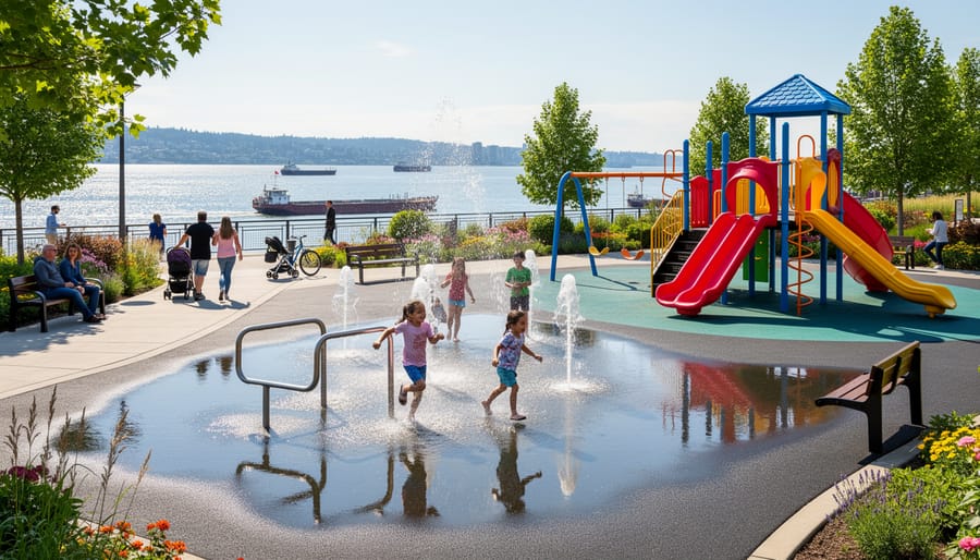 Family playing near the spray park and playground at New Westminster Pier Park by the Fraser River