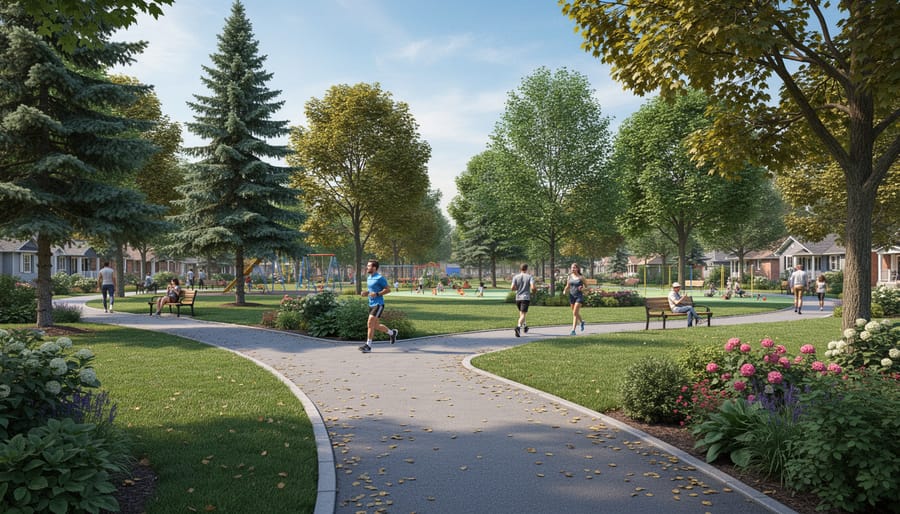 Queensborough community park with walking paths, trees, and benches