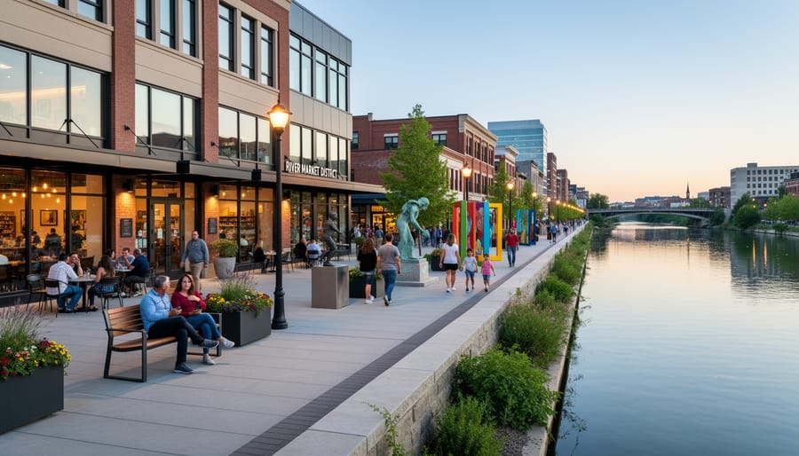 Waterfront promenade in the River Market District with storefronts, outdoor seating, and public art near the river