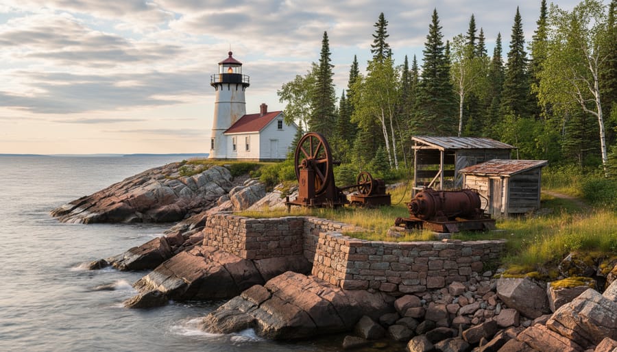 Rock Harbor Lighthouse and nearby copper mining remnants on Isle Royale