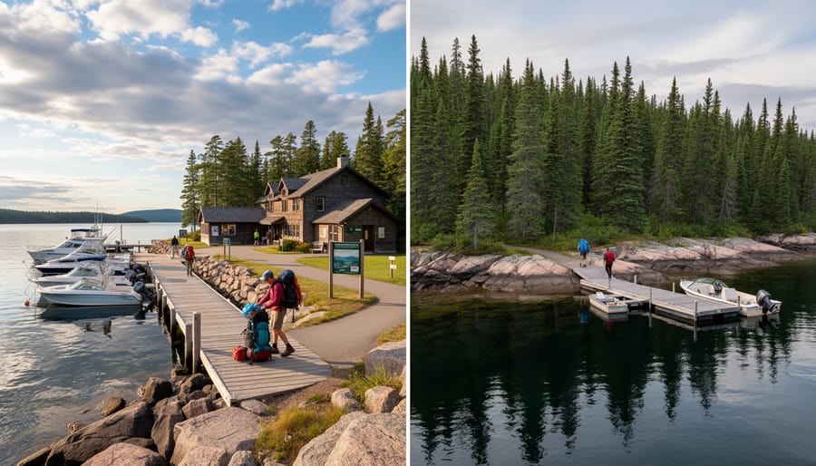 Rock Harbor Lighthouse and Windigo shoreline with hikers near a dock on Isle Royale in Lake Superior