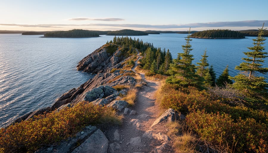 Hikers at Scoville Point overlook looking toward Lake Superior on Isle Royale