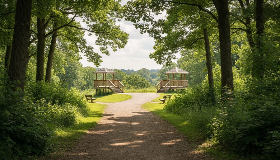 Winding trail and lookout area in Tipperary Park with surrounding green trees