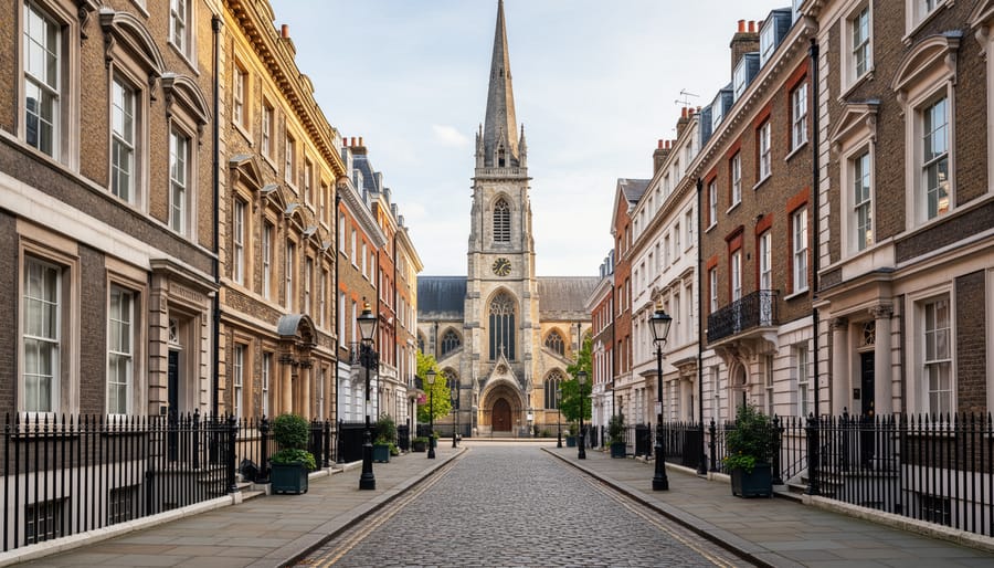 Historic church and heritage buildings with pointed rooflines and stone façade in Westminster