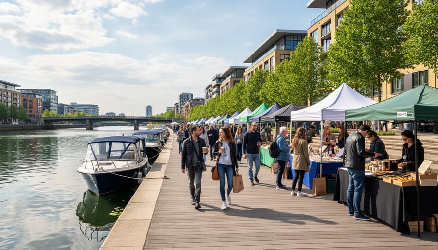 People walking along a waterfront boardwalk beside Westminster Quay market stalls and colorful umbrellas