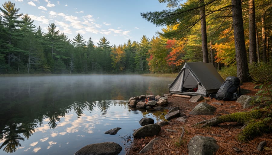 Backcountry campsite near Blue Hill Pond with a tent and canoe by the shore