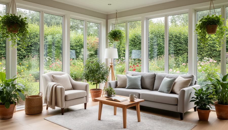 Person reading in a bright sunroom with large glass windows and potted plants, looking out toward the garden.