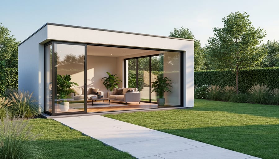Freestanding garden room with glass doors opening to a stone path and surrounding greenery.