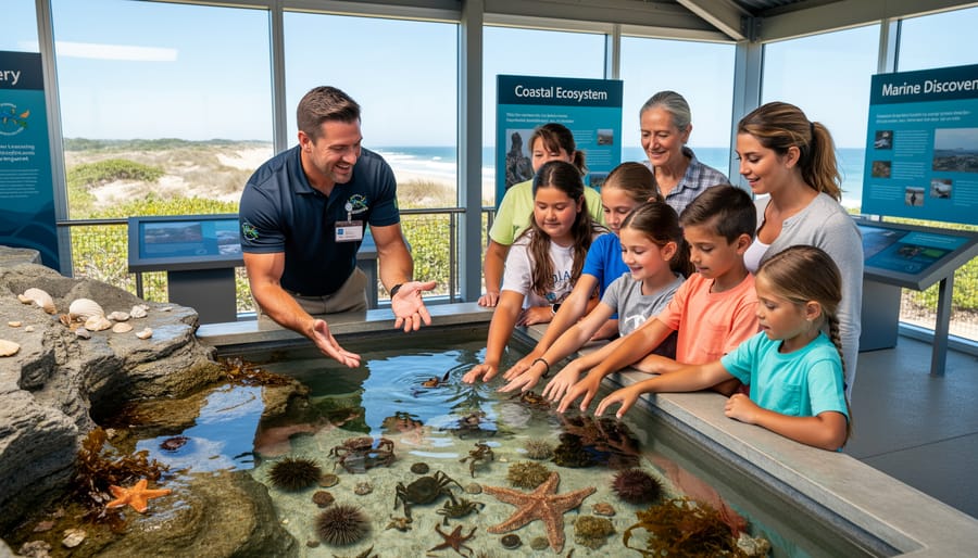 Visitor examining a shell or tide-pool specimen at a marine discovery area