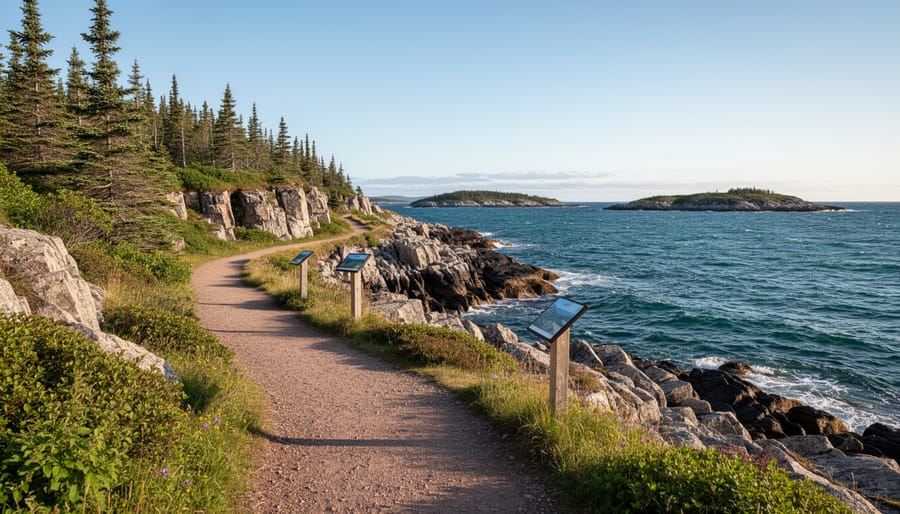 Hikers on a coastal boardwalk trail overlooking Newman Sound