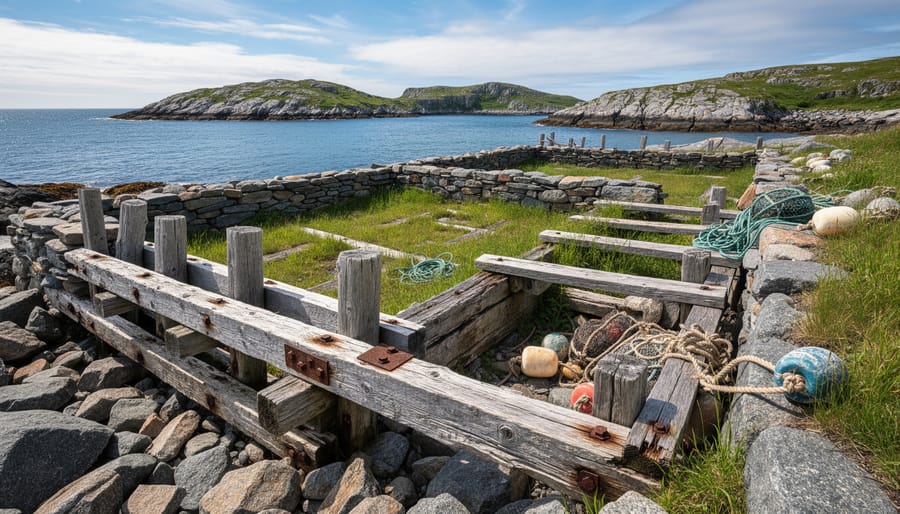 Visitor walking past an outport heritage site with a weathered wooden foundation