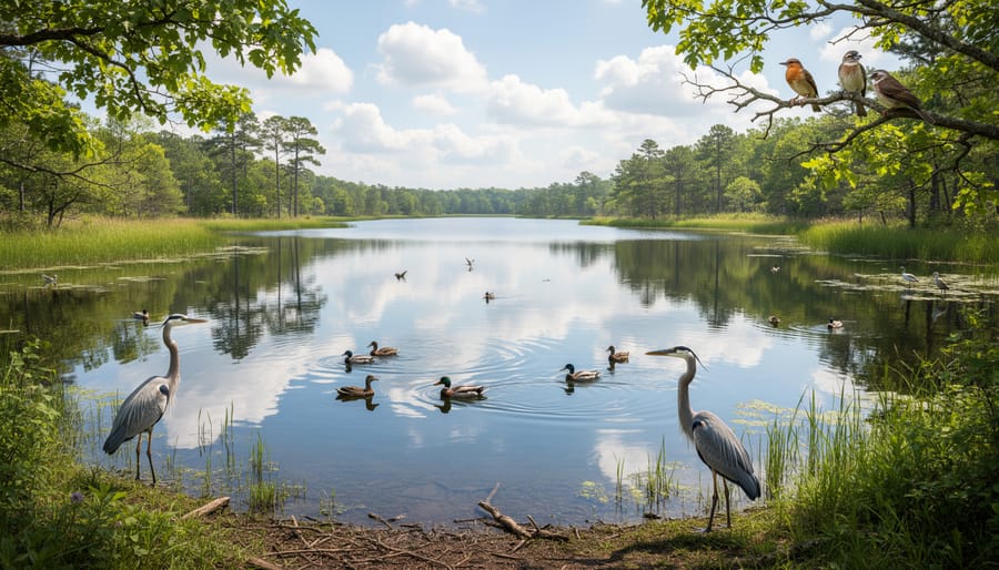 Bird perched on reeds at Sandy Pond surrounded by boreal forest