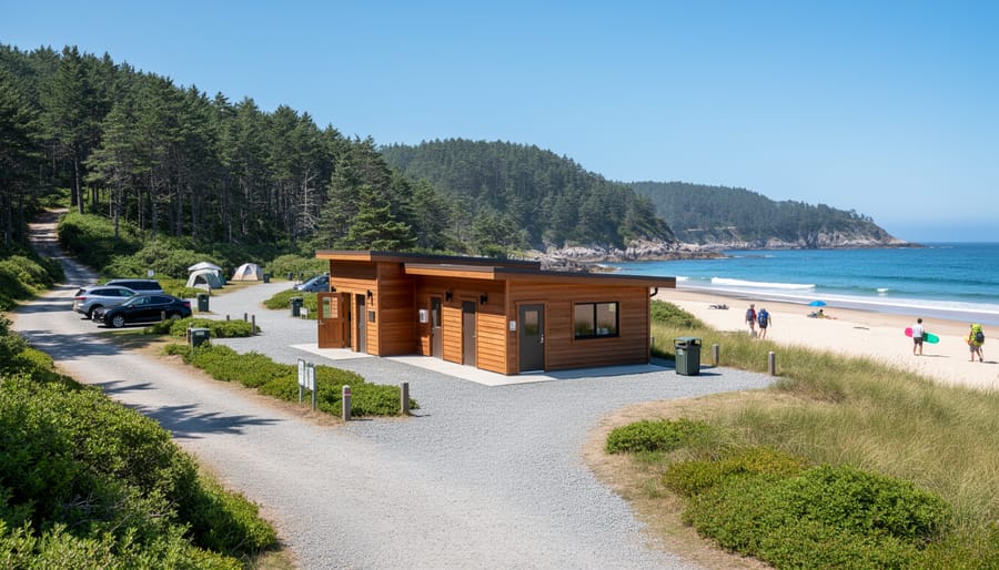 Family at South Broad Cove campground with a trail leading to the beach