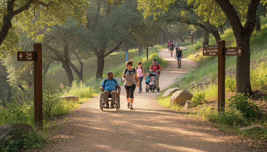 Hikers on a forest trail with rocky path and tall trees in the background