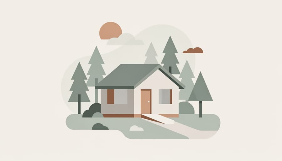 Small cabin accommodation in a wooded clearing surrounded by trees