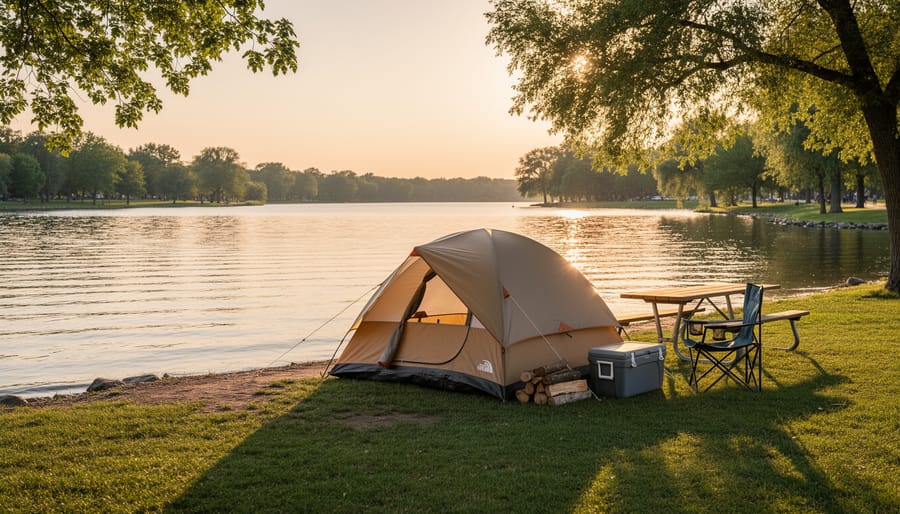 Family camping setup near a water shoreline with tents and trees in the background
