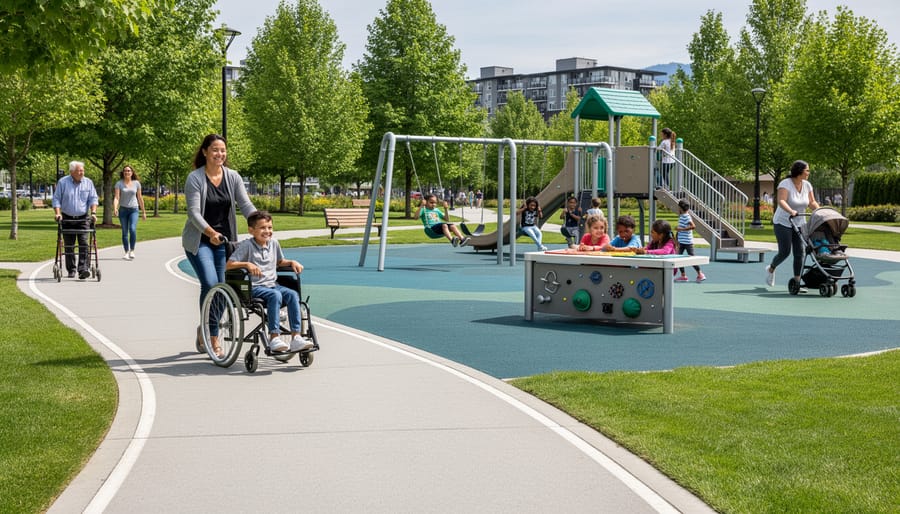 Wheelchair user traveling along an accessible paved path in a park toward an inclusive playground area