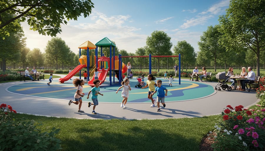 Family enjoying a colorful park playground with children climbing and a parent nearby