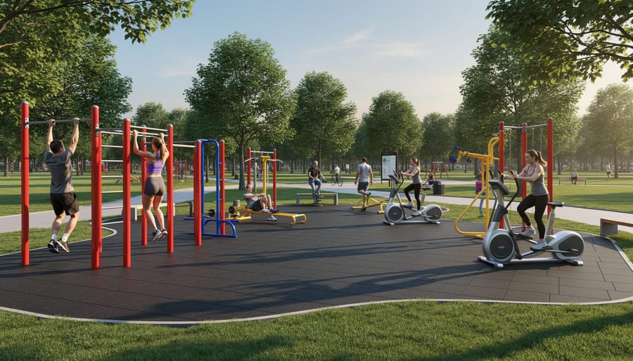 Person doing an exercise at an outdoor gym station in a park